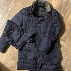Navy Massimo Dutti Feather Down Coat w/ Detachable Hood